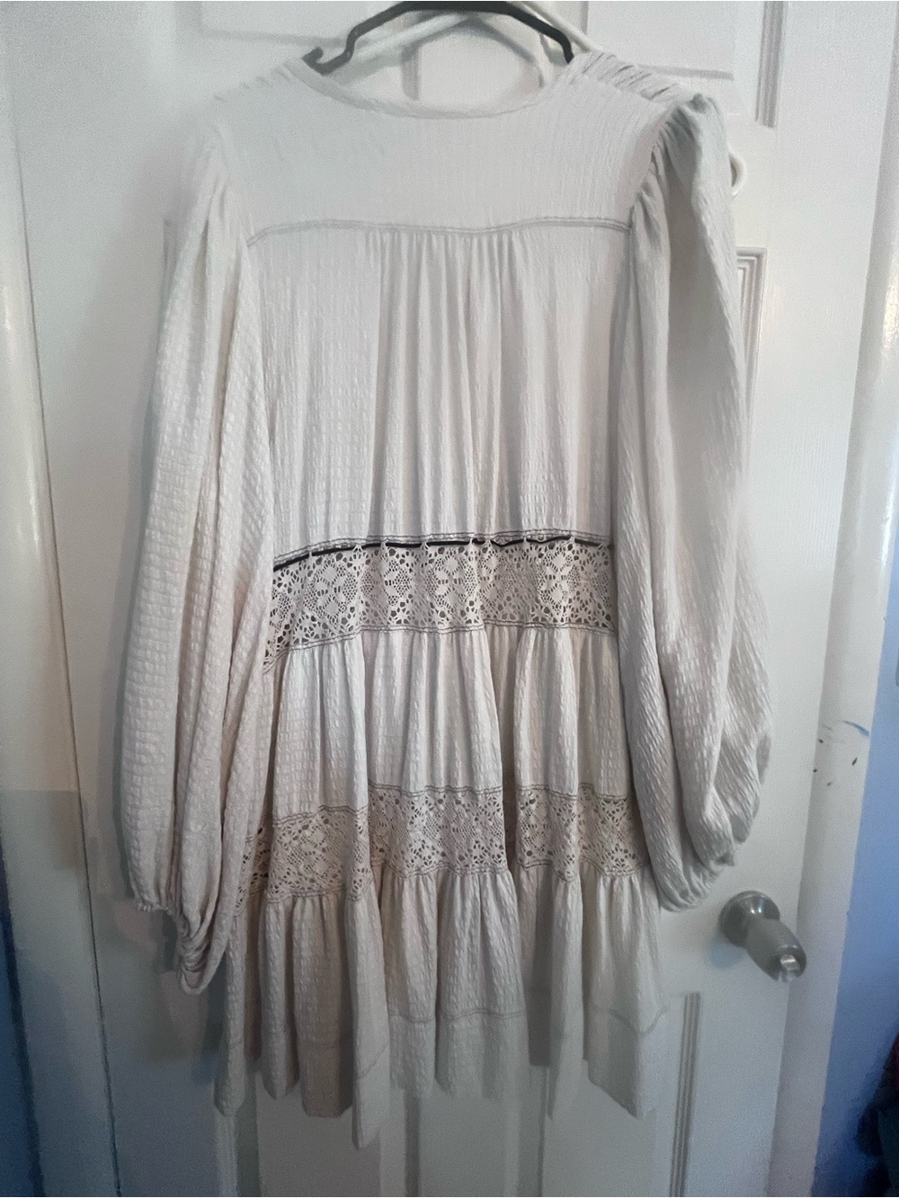 Free Peoole Long sleeve Mini Dress Cozy Nights Large Ivory Black Ribbon Pockets - Picture 6 of 10